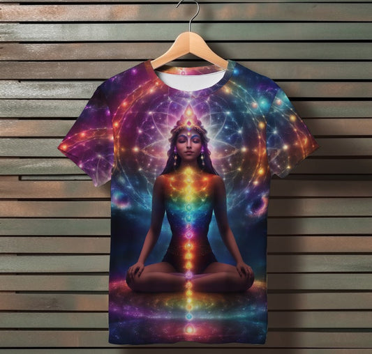 Camiseta 3D All Over Print con temática Yoga. Una mujer en una pose de loto con chakras y brillo de aura.