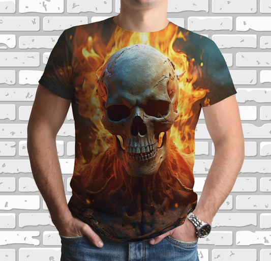 Camiseta con estampado 3D integral con tema Calavera en llamas