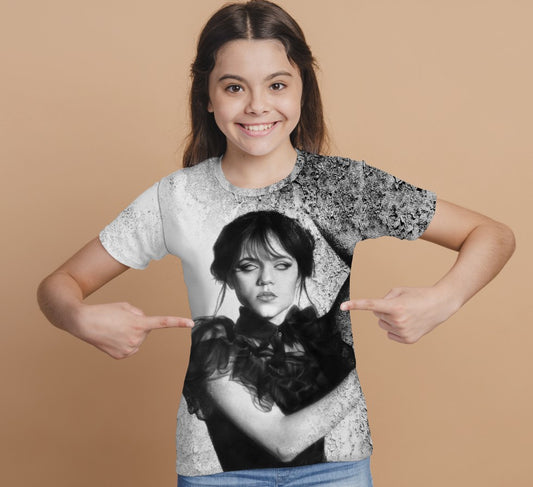 T-shirt 3D All Over Print with the print of Wednesday Addams and Enit Wednesday Addams.