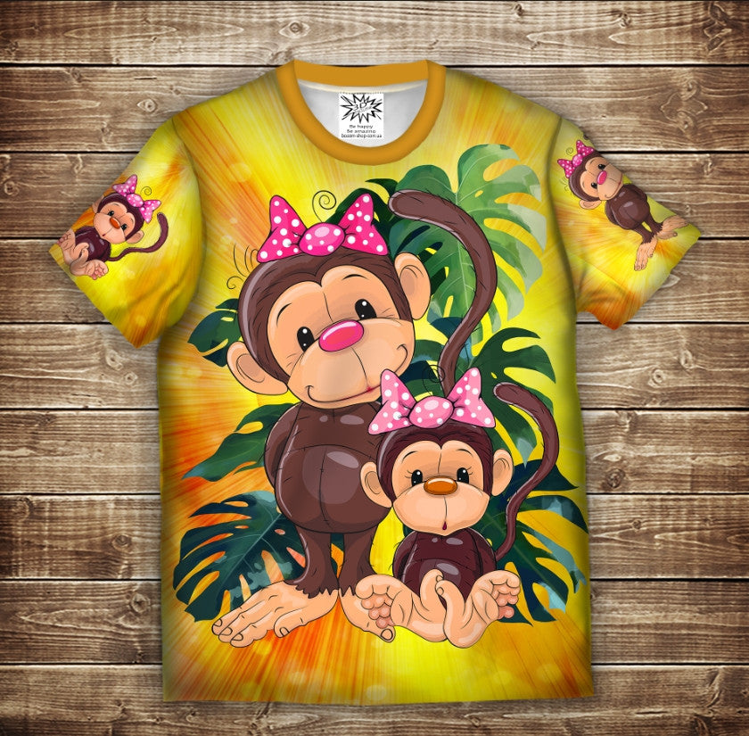 T-shirt 3D All Over Print: Fun Monkeys Yellow 1. Children's and adult sizes.