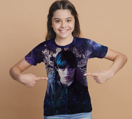 T-shirt 3D All Over Print with the print of Wednesday Addams and Enit Wednesday Addams.