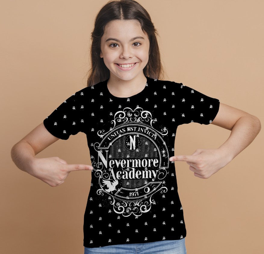 T-shirt 3D All Over Print with the print of Wednesday Addams and Enit Wednesday Addams.