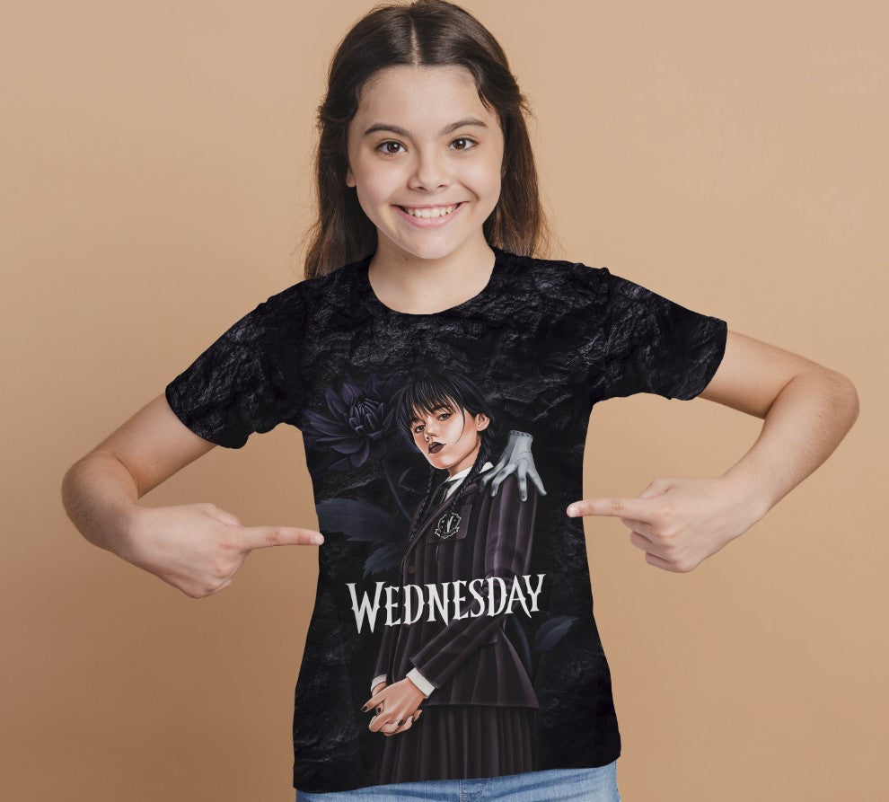 T-shirt 3D All Over Print with the print of Wednesday Addams and Enit Wednesday Addams.