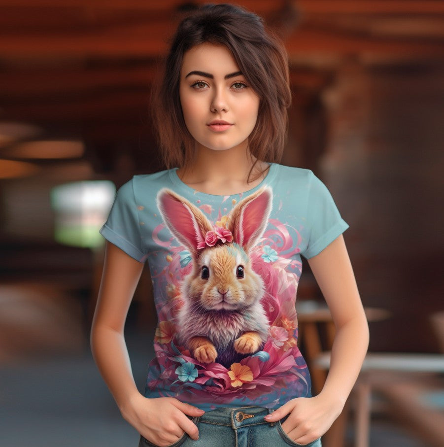 T-shirt 3D All Over Print with Rabbit and Flowers Theme