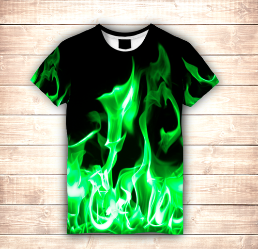 T-shirt 3D All Over Print Green Fire. Adult and Children's sizes.