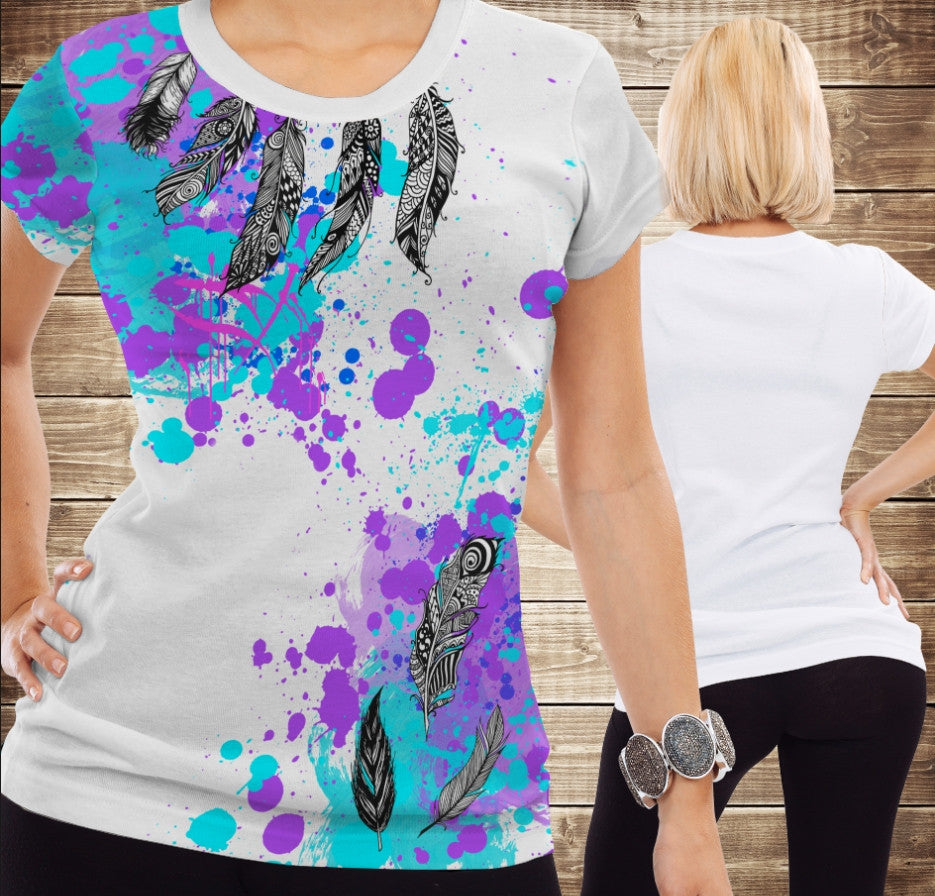 T-shirt 3D All Over Print with paint splashes and ethnic feathers Adult and children sizes