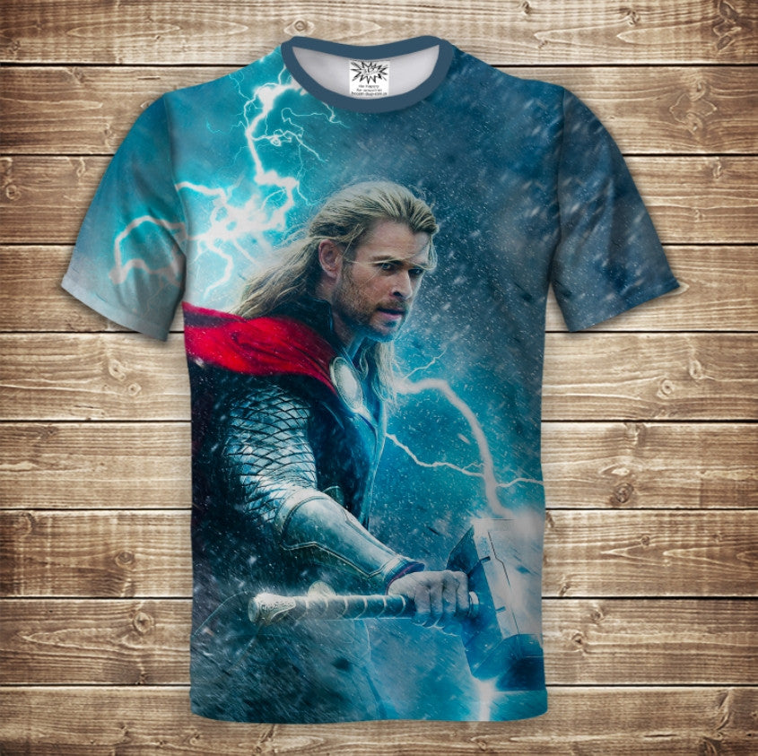 T-shirt 3D All Over Print with Thor's hammer and lightning. Adult and children's sizes.