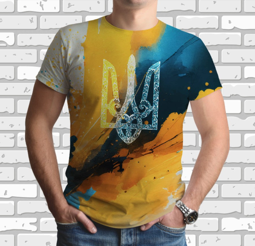 Camiseta con estampado integral en 3D con tema Tridente artístico en acuarela