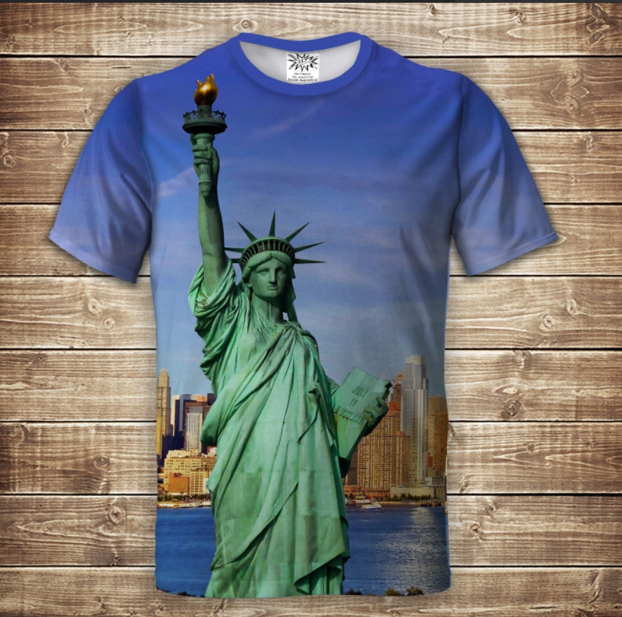 Camiseta 3D All Over Print con diseño de la Estatua de la Libertad para tallas de Adulto y Niño.