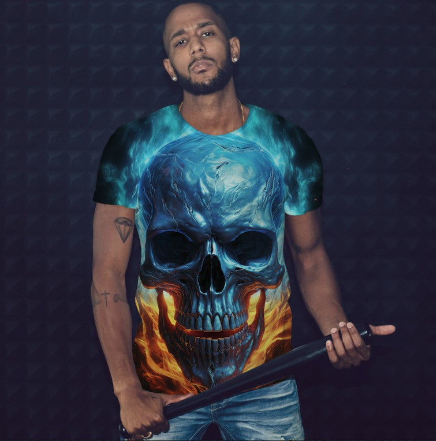 T-shirt 3D All Over Print with Skull on Yellow-Blue Background