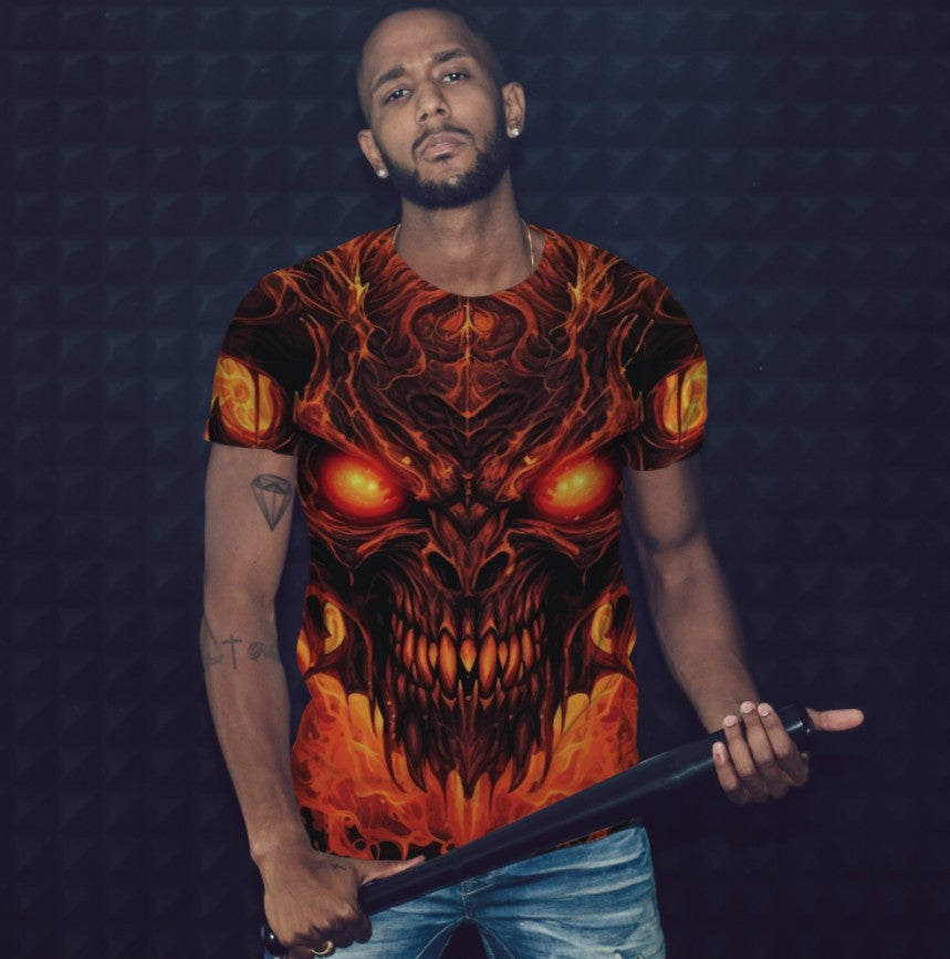 Camiseta con estampado integral de calavera de dragón en 3D con tema de fuego