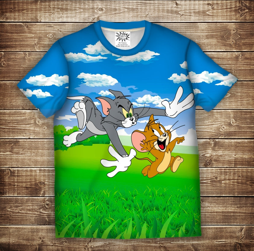 Camiseta 3D All Over Print con temática de Tom y Jerry. Disponible en tallas para niños y adultos.