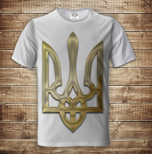 T-shirt 3D All Over Print with Golden Trident Emblem of Ukraine in Adult and Children Sizes