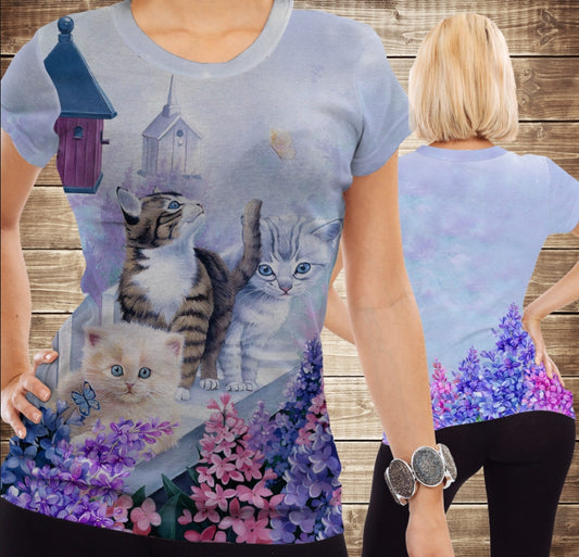 Camiseta 3D All Over Print con Gatos en la Valla Tallas Adulto y Niño