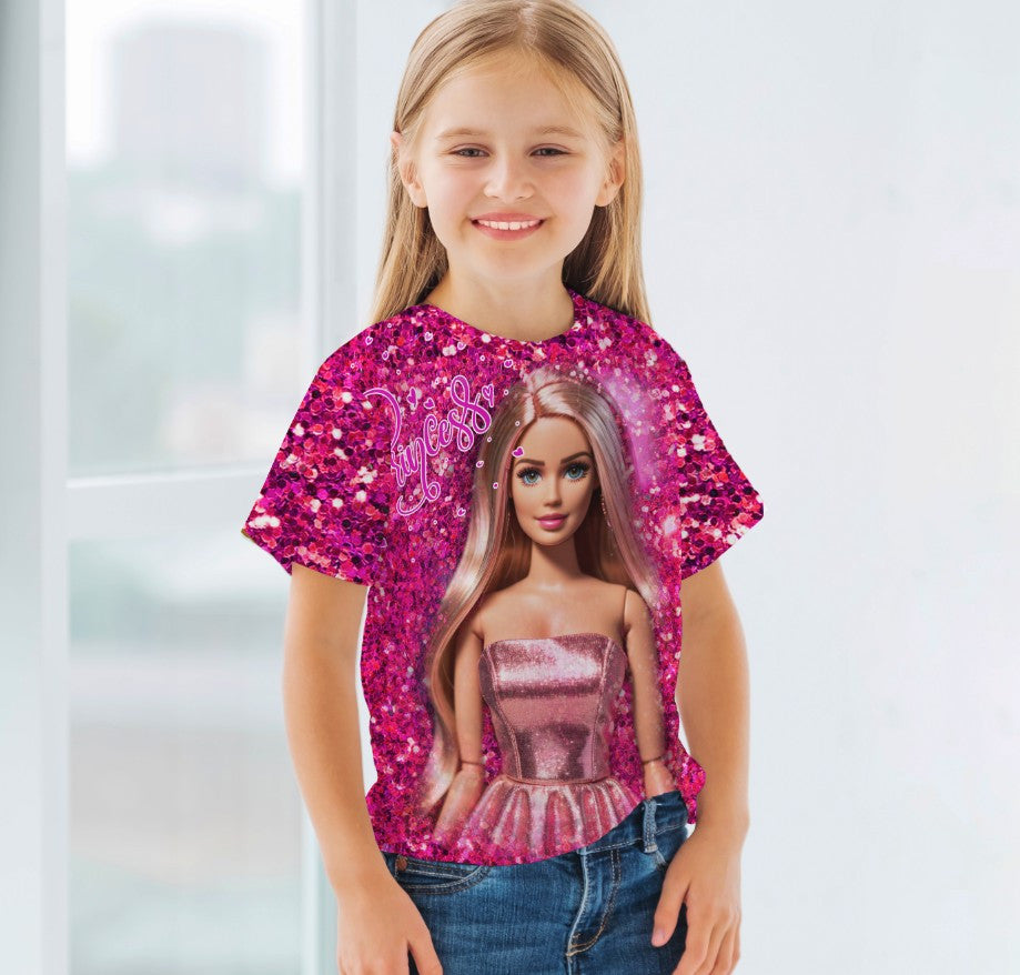 Camiseta 3D All Over Print con temática Barbie Princesa.