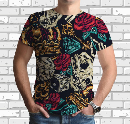 Camiseta con estampado integral 3D con estampado de diamantes y calaveras.