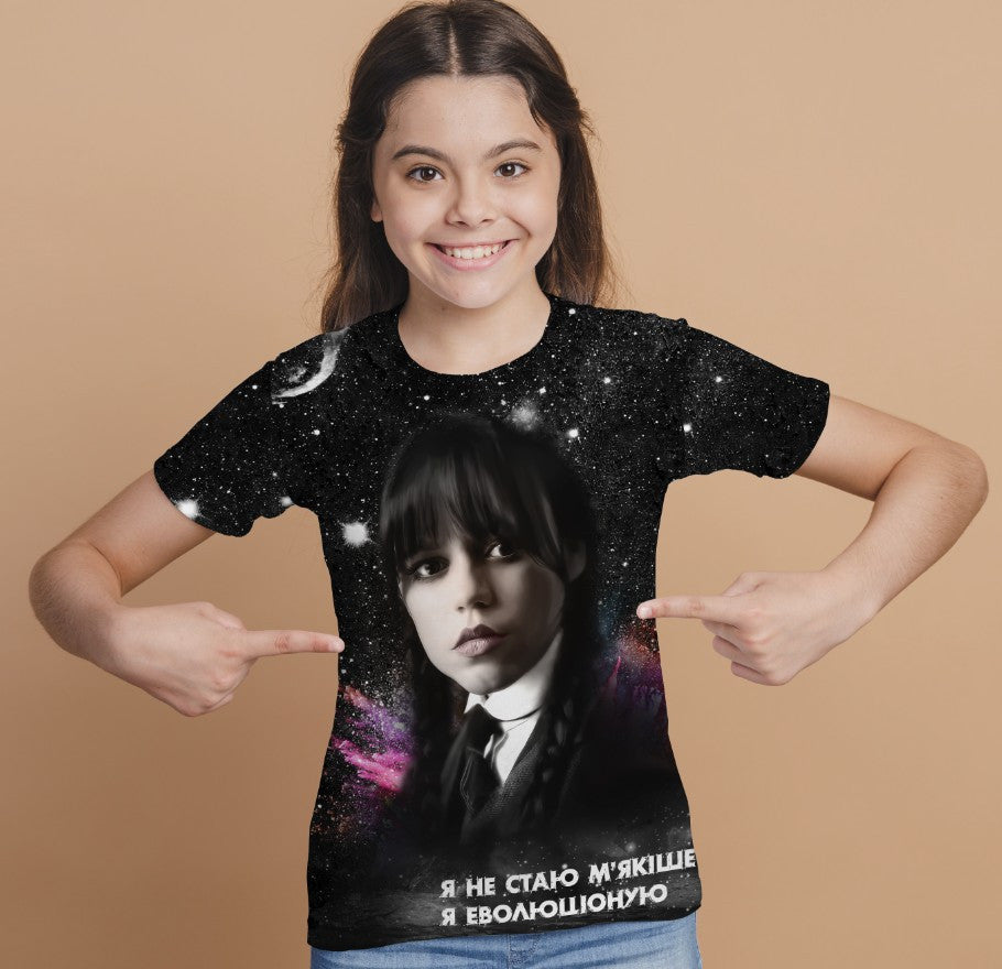 T-shirt 3D All Over Print with the print of Wednesday Addams and Enit Wednesday Addams.