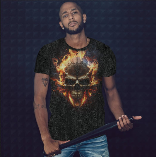 T-shirt 3D All Over Print with Skull on Fire Theme