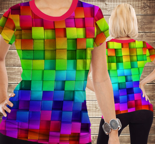 Camiseta con estampado 3D integral con tema de cubos de colores. Tallas para adultos y niños.