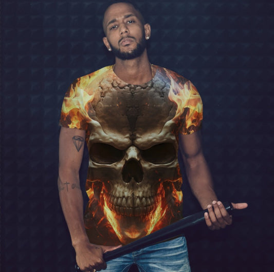 T-shirt 3D All Over Print with Skull on Fire Theme