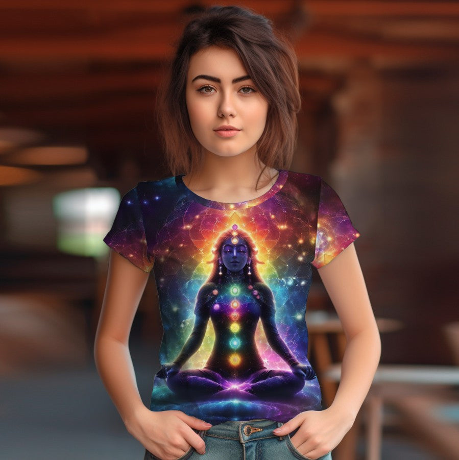 Camiseta 3D All Over Print con temática Yoga. Una mujer en una pose de loto con chakras y brillo de aura.