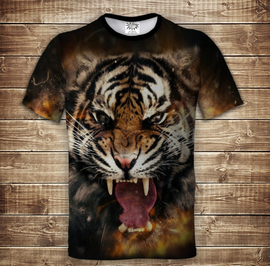 Camiseta 3D All Over Print con un tema: Tigre en Fuego Tallas Adulto y Niño