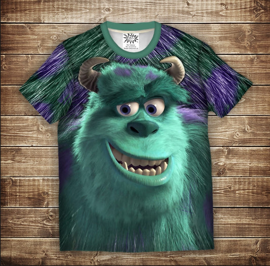 Camiseta 3D All Over Print con la temática de Monsters, Inc. James P. Sullivan. Disponible en tallas para niños y adultos.