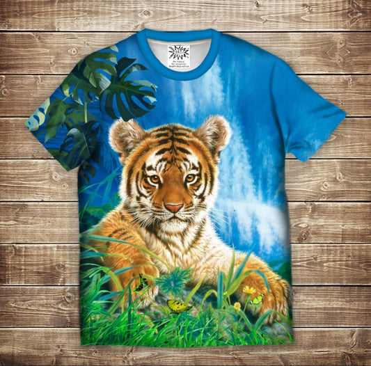 Camiseta 3D All Over Print Tigre, Hojas de Monstera y Cascada Tallas Niño y Adulto