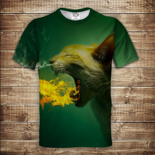 Camiseta 3D All Over Print Gato Respira Fuego. Tallas para adultos y niños.