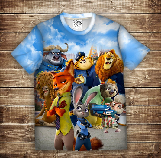 Camiseta 3D All Over Print con tema Zootopia para tallas de niño y adulto.