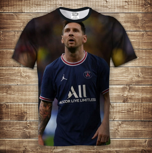 Camiseta 3D All Over Print con temática futbolística de Messi.