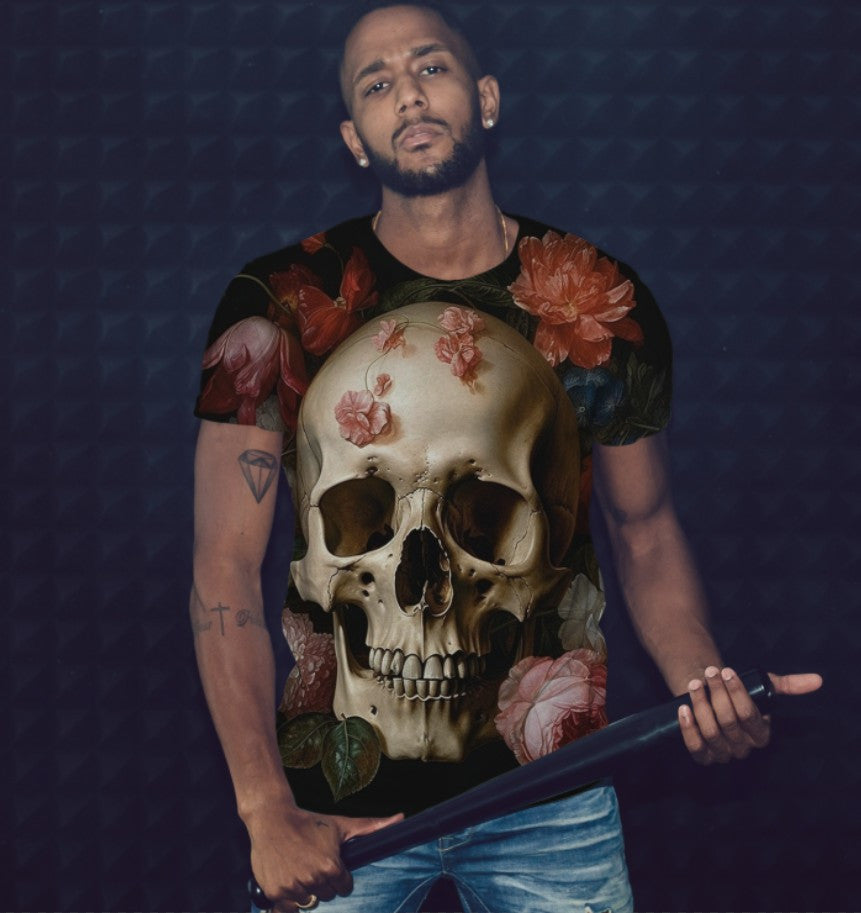 T-shirt 3D All Over Print with Skull in Flowers Theme