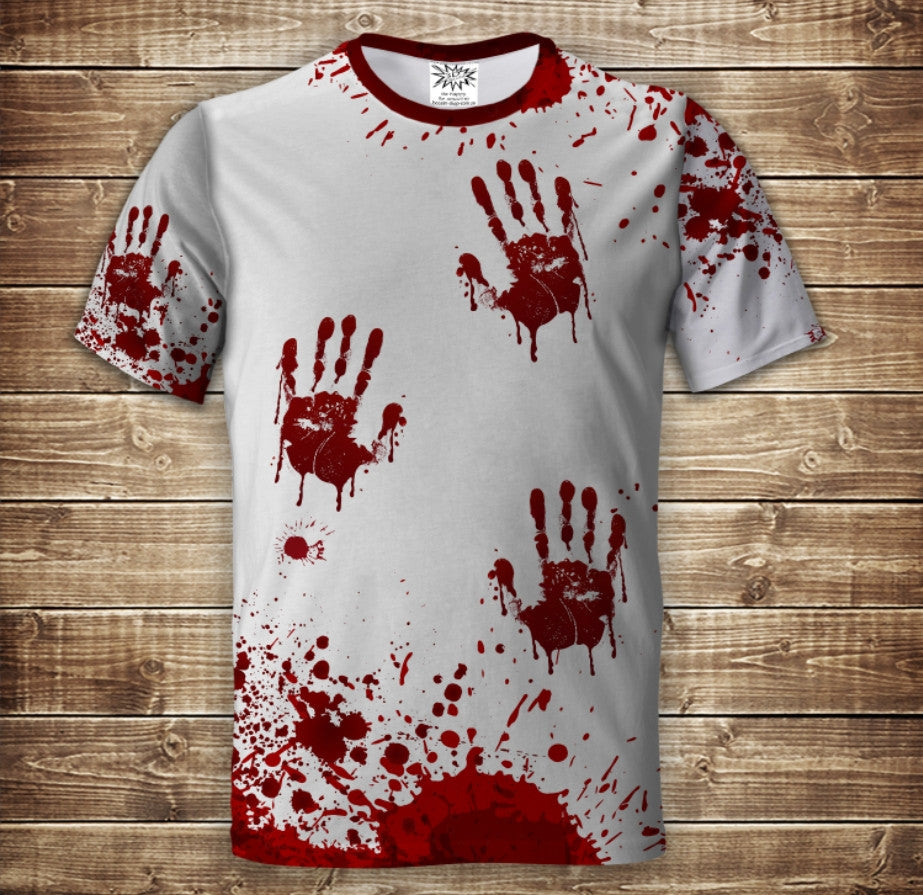 T-shirt 3D All Over Print with a theme of Handprints in red paint.