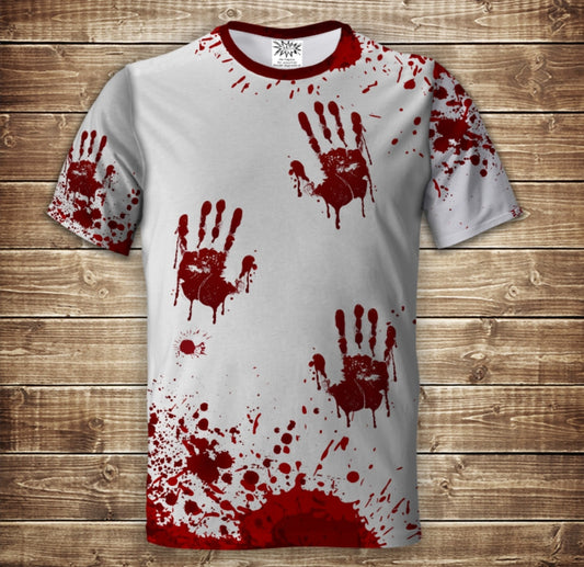 Camiseta 3D All Over Print con tema de Huellas de manos en pintura roja.