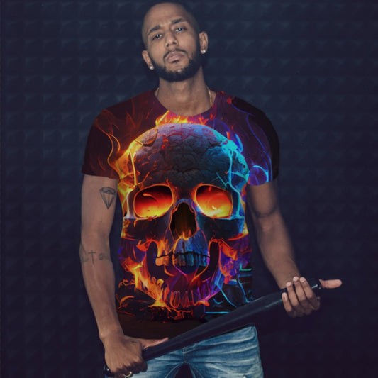 T-shirt 3D All Over Print with Skull on Fire Theme