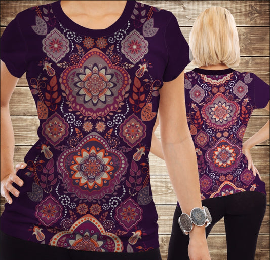 T-shirt 3D All Over Print Indian Ornaments Purple Shade. Children and adult sizes.