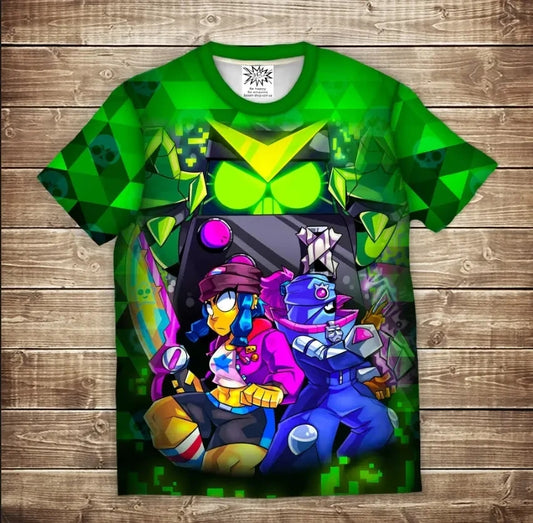 T-shirt 3D All Over Print: Bibi Tara and Virus 8 Bit. Brawl Stars. Children and adult sizes.