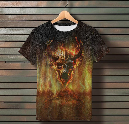 T-shirt 3D All Over Print with a Viking Skull in Fire theme.