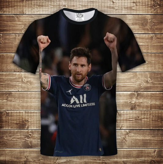 Camiseta 3D All Over Print con temática futbolística de Messi.