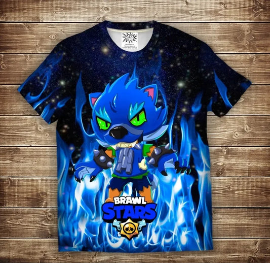 T-shirt 3D All Over Print Leon Werewolf in Blue Fire Brawl Stars Children and Adult Sizes