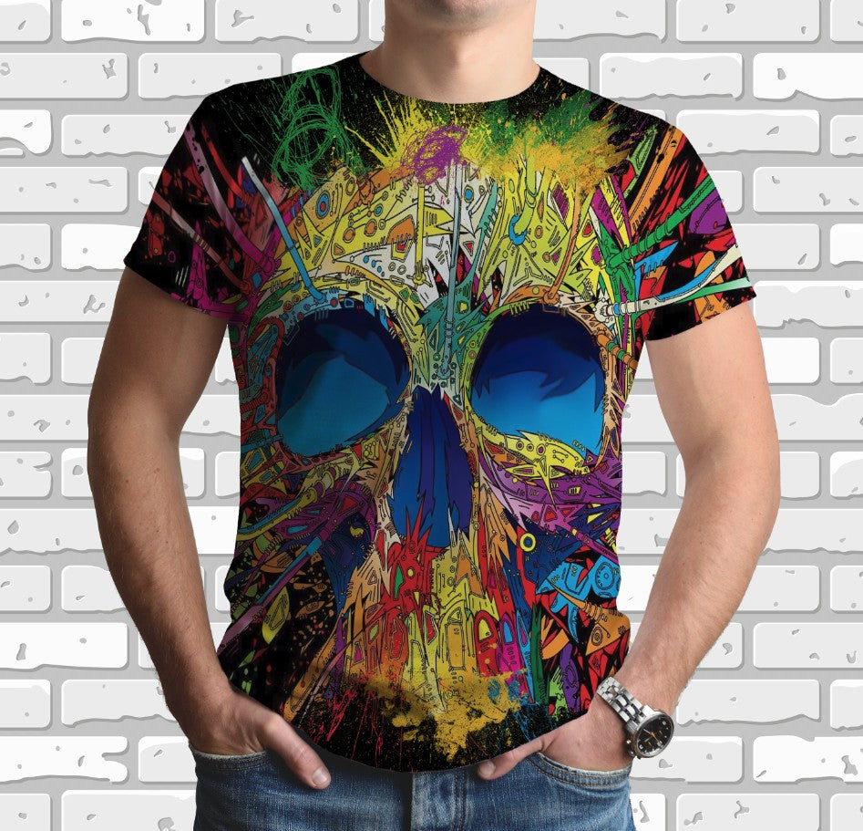 Camiseta con estampado integral en 3D y tema de graffiti de calavera multicolor