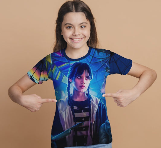 T-shirt 3D All Over Print with the print of Wednesday Addams and Enit Wednesday Addams.