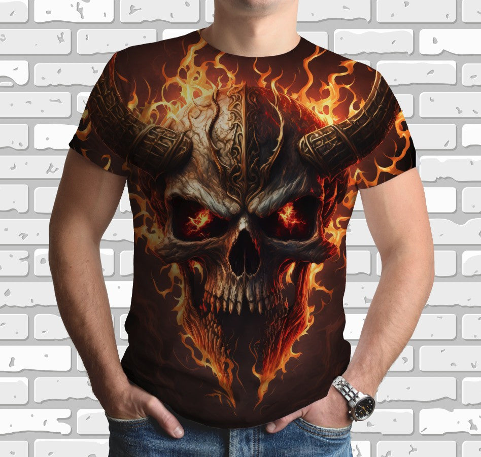 T-shirt 3D All Over Print with a Viking Skull in Fire theme.