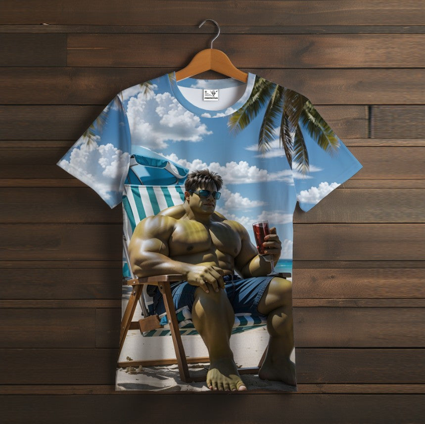 Camiseta 3D All Over Print con temática de Hulk en la playa.