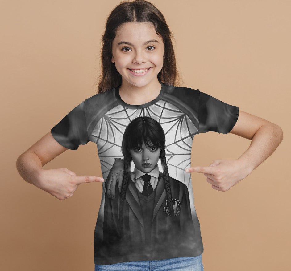 T-shirt 3D All Over Print with the print of Wednesday Addams and Enit Wednesday Addams.