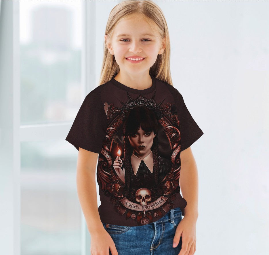 T-shirt 3D All Over Print with the print of Wednesday Addams and Enit Wednesday Addams.