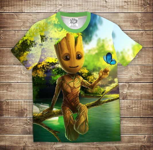 Camiseta 3D All Over Print Little Groot sobre Madera Tallas Infantil y Adulto y Infantil