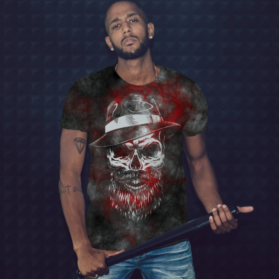 T-shirt 3D All Over Print with a theme of Bearded Skull in a Hat.