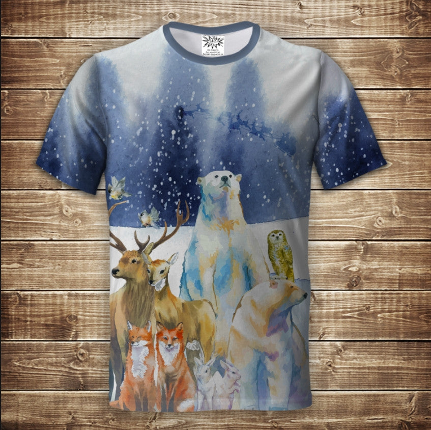 Camiseta con estampado integral en 3D con animales en el tema del bosque invernal