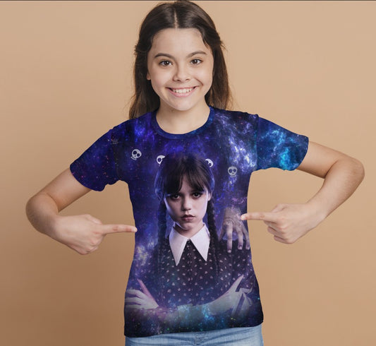 T-shirt 3D All Over Print with the print of Wednesday Addams and Enit Wednesday Addams.